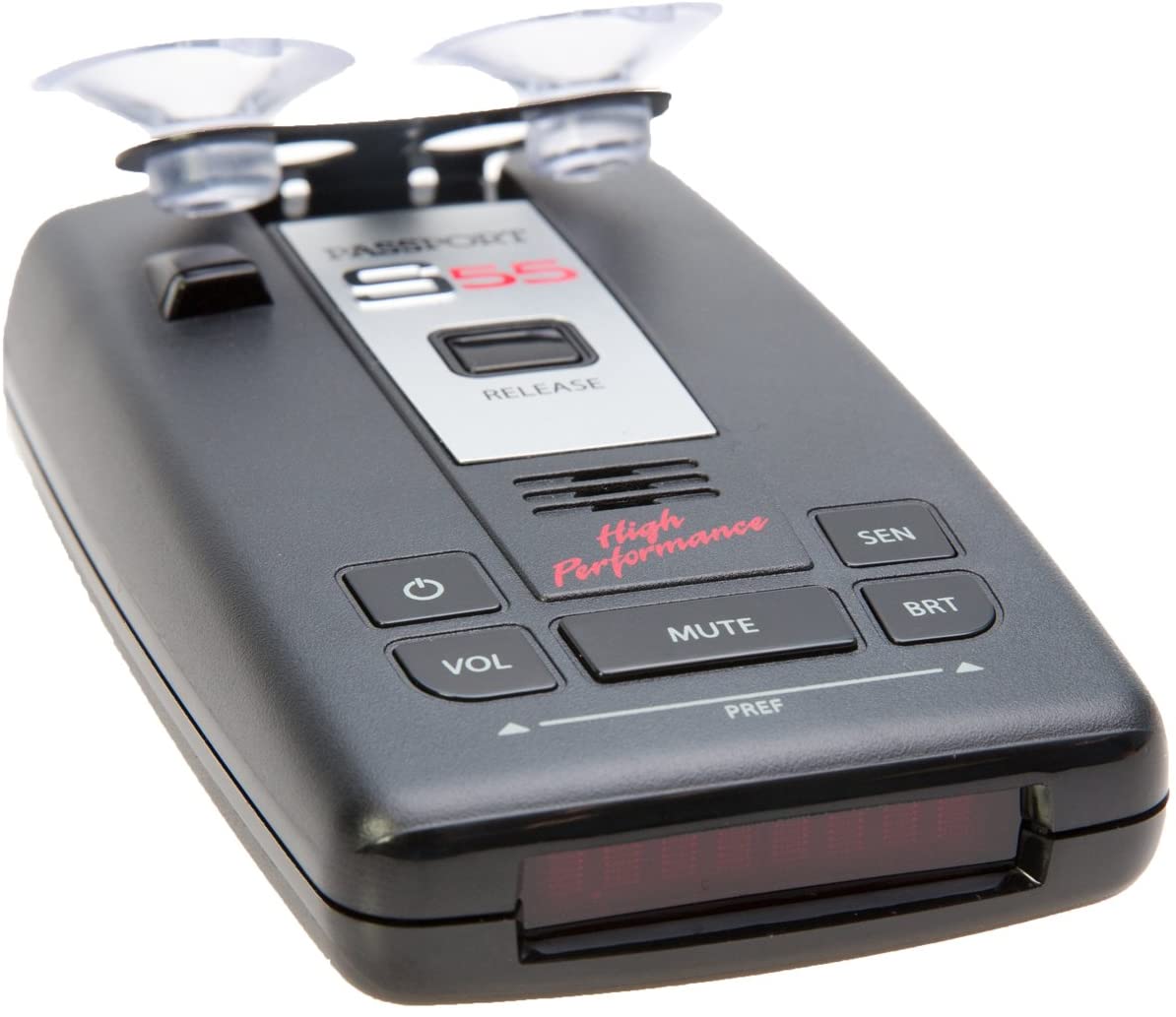 Escort Passport S55 facing sideways with suction cups