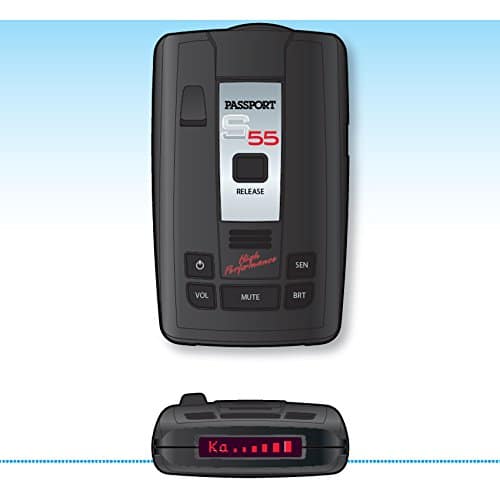 two Escort Passport S55 radar detectors showing top and front portions