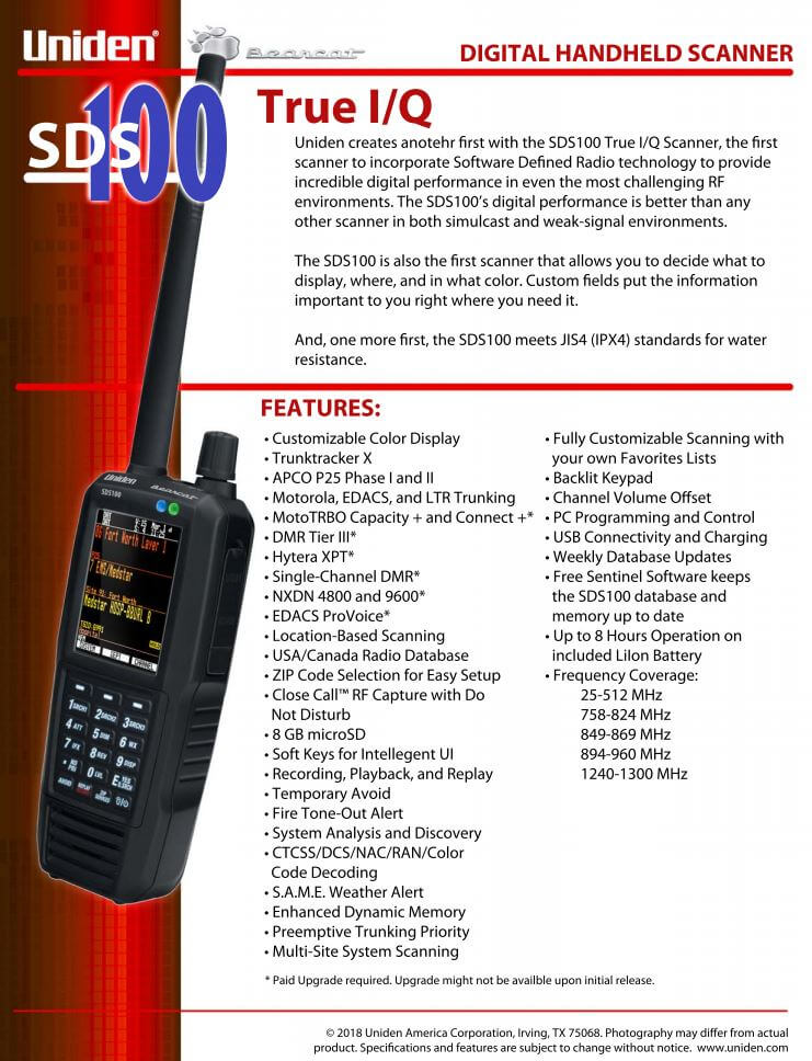 features of the Uniden SDS100