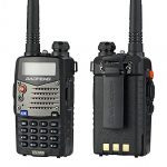 photo of a pair of BaoFeng UV-5RA two-way radios, one facing in front, the other facing backwards