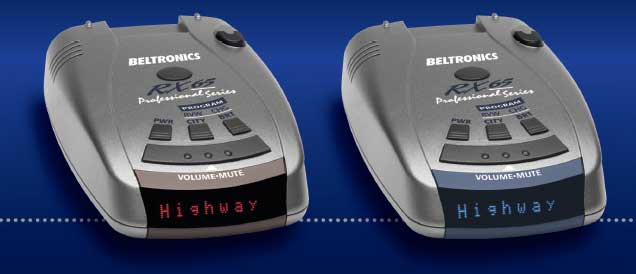 two Beltronics RX65 radar detectors displaying different colors