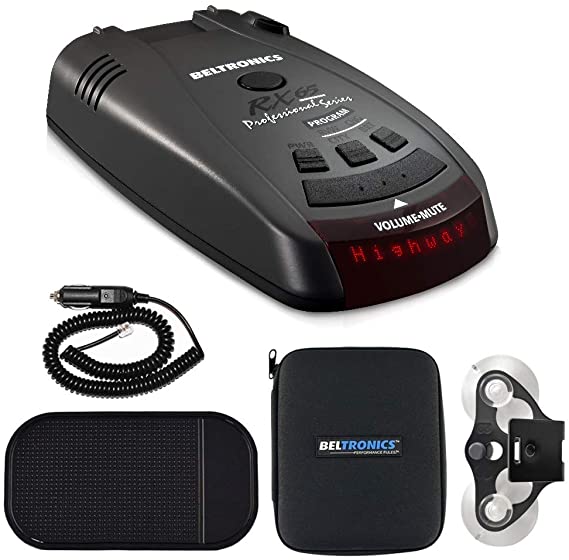 a Beltronics RX65 radar detector with its accessories