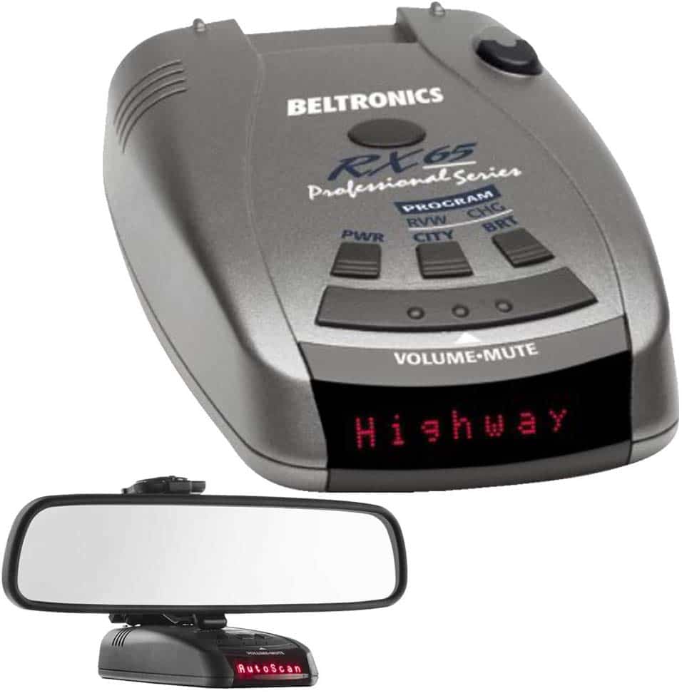 a Beltronics RX65 and a windshield with a radar detector attached to it
