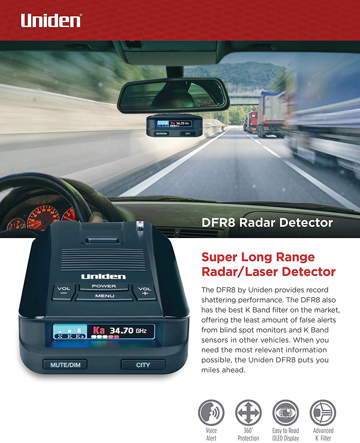 Uniden DFR8 used in a car and a text below the image detailing the radar detector's strengths