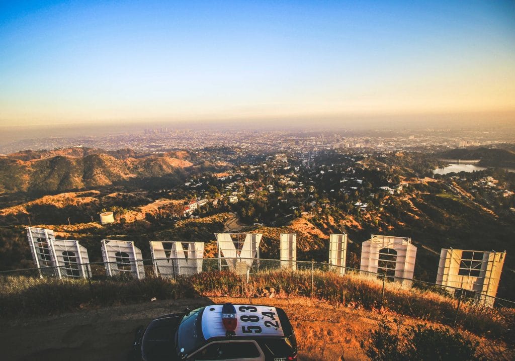 Cop car and Hollywood sign