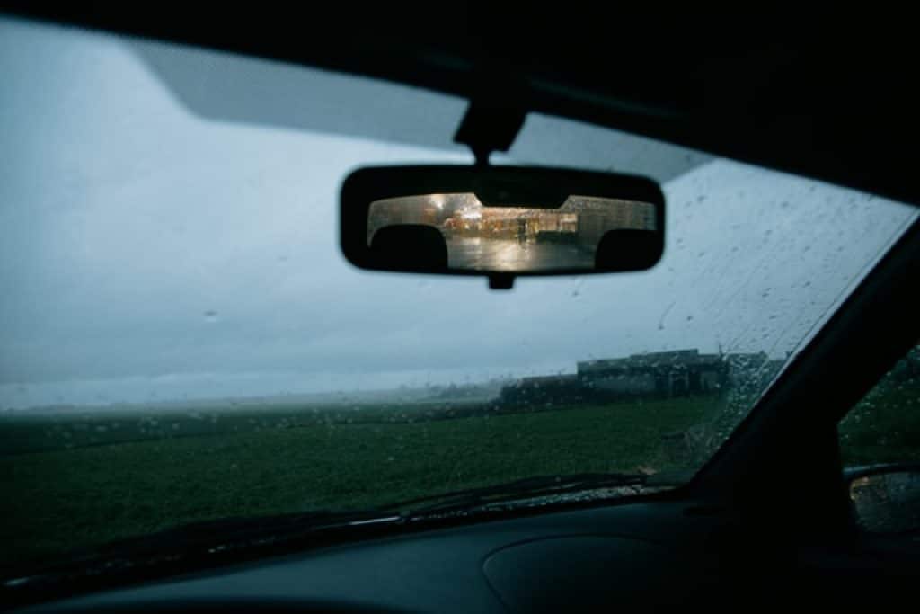 rearview mirror in the rain