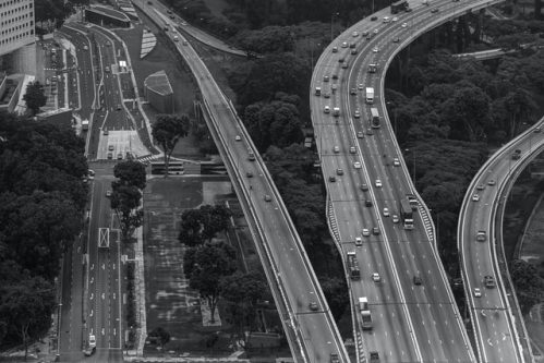 grayscale photo of highways