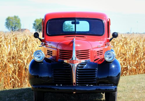 red, vintage Dodge pickup truck sitting in front of a cornfield