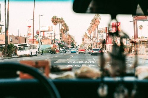 view of Los Angeles from inside a car